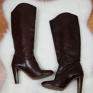 Zara Basic Knee Length Leather Boots 8 Burgundy